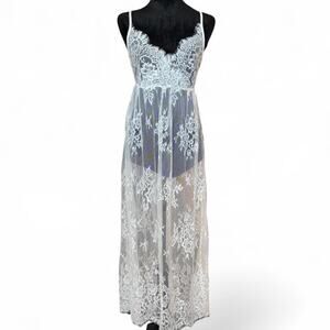 Sheer White Fairy Core Floral Lace Long Slip Dress Overlay Lingerie Fairycore